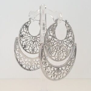 Lunar Lace Etched Silver Filigree Hoop Earrings